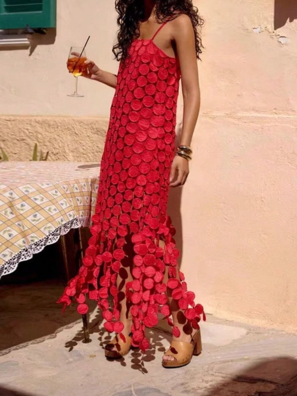 Red Sexy Women's Beach Slip Dress with Strap and 3D Circular Disc Fringe Hem